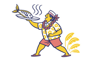 Joyful Fish Server: A cheerful character in Hawaiian attire proudly presents a steaming, delicious fish on a plate, radiating joy and hospitality.