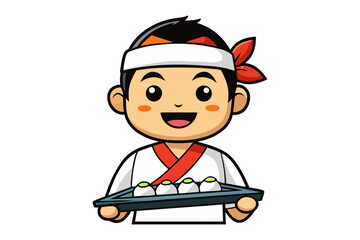 Sushi Chef’s Delight: A charming cartoon of a sushi chef proudly presents a tray of freshly prepared sushi, epitomizing culinary excellence and inviting a moment of delightful flavor exploration. 