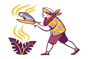 Tropical Cook Delivers: A cartoonish portrayal of a tropical-themed chef presenting a freshly cooked fish, emanating delicious aromas, creating a whimsical scene.