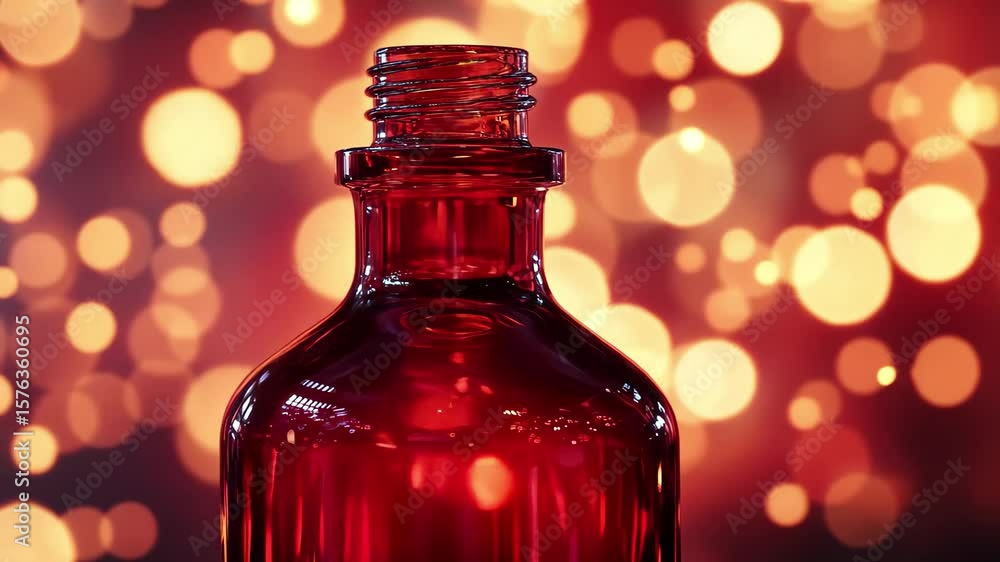 Poster red bottle illuminated by shimmering bokeh lights creating a captivating atmosphere, red bottle with