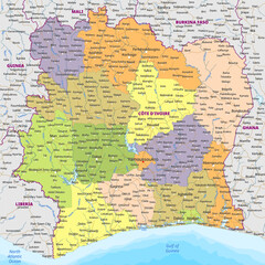Detailed physical political map art of Cote d'Ivoire