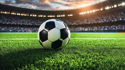 Soccer ball positioned on lush green field at vibrant stadium during golden hour, Soccer ball on the green field at soccer stadium - Powered by Adobe