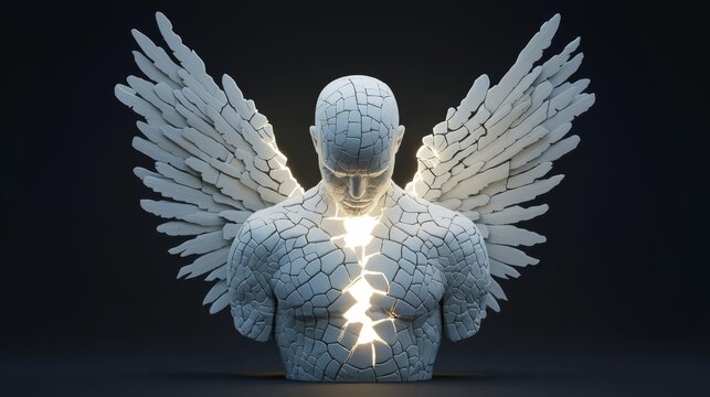 A striking sculpture of a broken angel with white wings, symbolizing hope and transformation in darkness.