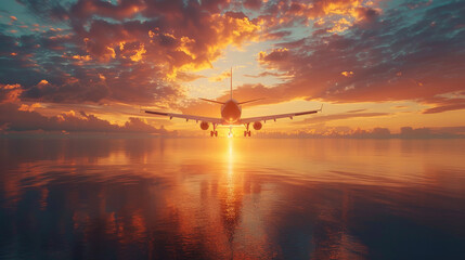 Luxury travel concept with airplane flying over ocean islands, golden hour light, and elegant gradients.