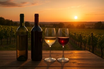 Fototapeta premium Red wine glass on a table with a bottle, celebrating the sunset