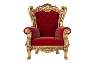 Ornate golden throne chair with red velvet upholstery isolated on black background