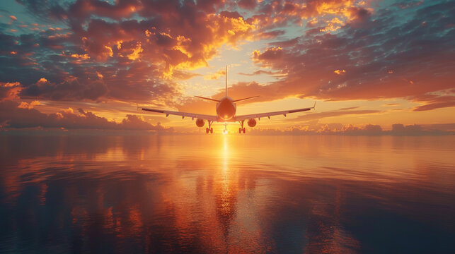 Luxury travel concept with airplane flying over ocean islands, golden hour light, and elegant gradients.