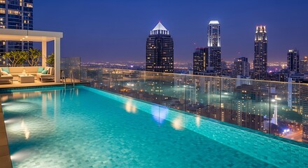 Fototapeta premium Luxurious rooftop infinity pool overlooking a vibrant city skyline at twilight with modern lounge seating