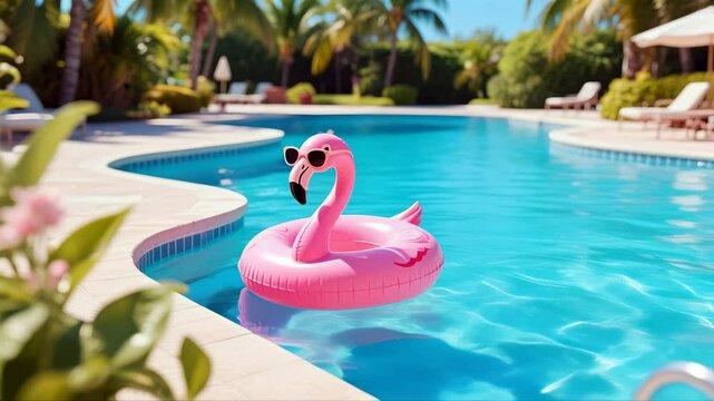 Pink Flamingo with Sunglasses Floating in Outdoor Pool on a Sunny Tropical Summer Day