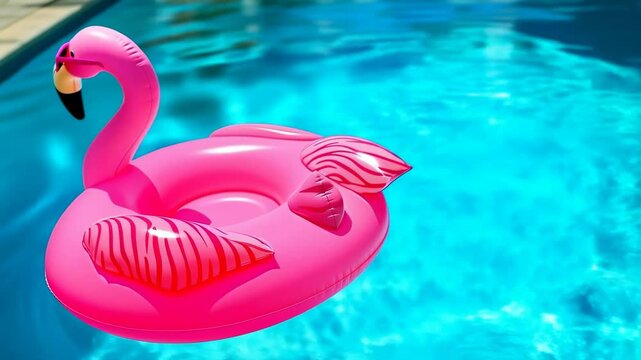 Pink flamingo with sunglasses floating in bright pool under tropical summer sun
