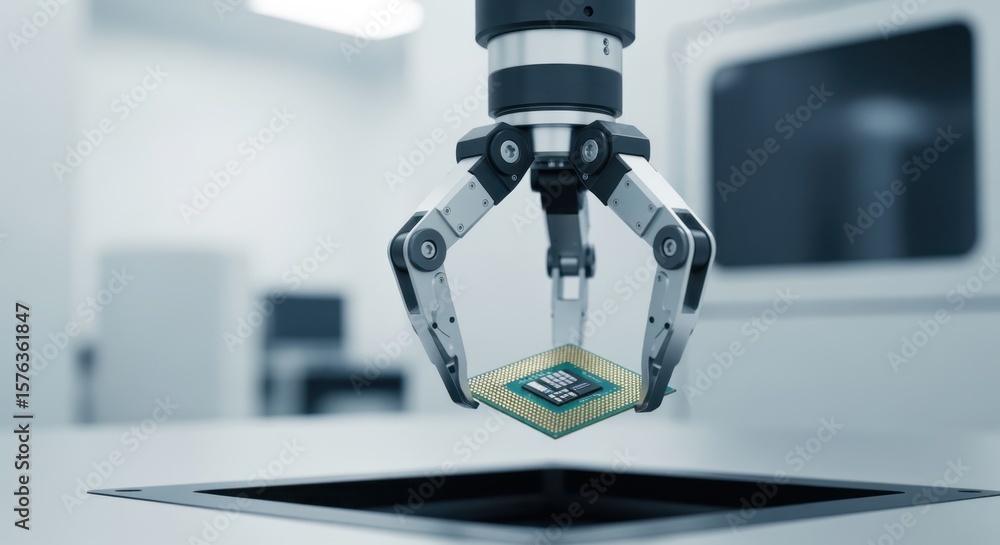 Poster closeup of a robotic gripper manipulating a microprocessor in a cleanroom environment.
