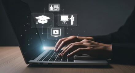 A person types on a laptop with educationrelated icons floating above, representing online learning and digital education platforms