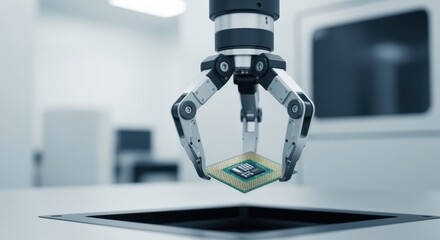 Closeup of a robotic gripper manipulating a microprocessor in a cleanroom environment.