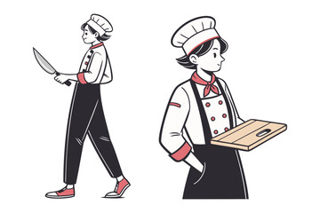 Female Chef in Action: Illustration of a talented woman chef holding a chef's knife and cutting board, showcasing culinary skill and passion in a professional kitchen setting.