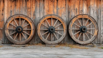 Three antique wooden wagon wheels against a weathered wooden wall