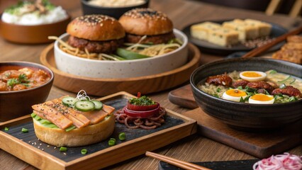 Fototapeta premium A delicious restaurant buffet features diverse healthy chicken and vegetable dishes like salads, curries, and baked options on a gourmet dinner table