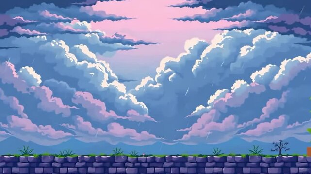 8 bit 2D Video Game Background. 8-bit Pixel Art Retro Platformer Game Scene. Rainy Day Landscape: A Serene Digital Painting Video Game Animation