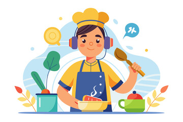 The Culinary Maestro: A cartoon chef radiates joy and creativity while cooking delicious food, set against a background of vibrant colors.