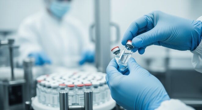 Closeup of hands handling vaccine vials during drug manufacturing process.