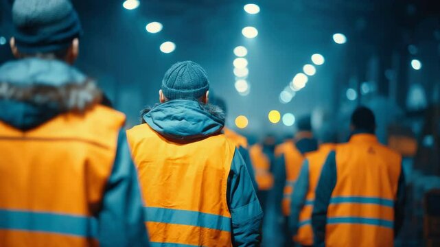 Group of People Wearing High Visibility Safety Vests and Warm Clothing Walking in a City at Night