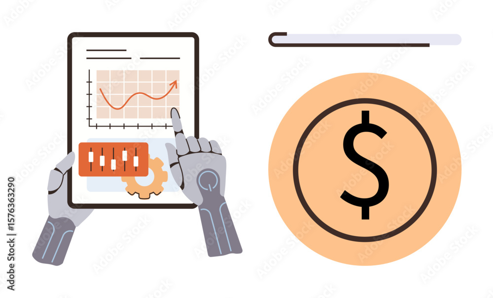 Aufkleber robotic hands interact with a tablet displaying growth metrics and settings gear, alongside a dollar