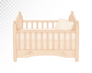 Watercolor illustration of wooden baby crib with bedding and pillow in soft natural tones. Great for nursery interior designs, greeting cards, and parenting themes. Vector illustration.