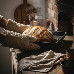 Hands Removing Freshly Baked Bread from Oven