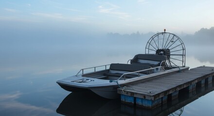 airboat docked on a wooden pier in early morning mist. 