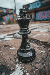 Chess King: Solitary game piece stands against a weathered cityscape backdrop, blending strategy with urban decay.