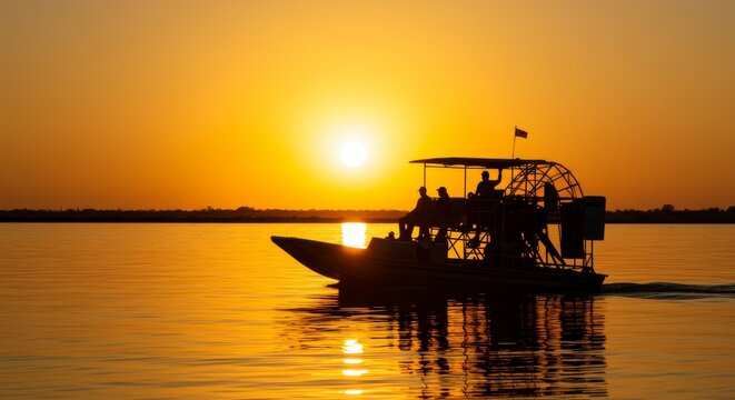  airboat moving slowly toward the horizon, with golden sunset reflecting on the water&rsquo;s surface. 