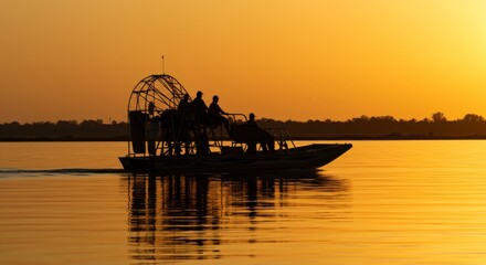  airboat moving slowly toward the horizon, with golden sunset reflecting on the water’s surface. 