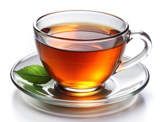 A clear glass cup of hot amber tea with a fresh green leaf on the saucer, isolated on white