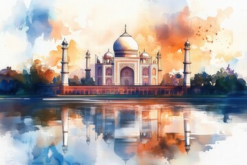 Taj mahal reflected in the water, watercolor style