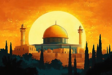 Dome of the rock at sunset in jerusalem