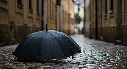 umbrella standing open on a cobblestone path during a light drizzle, raindrops clearly visible on the umbrella surface.
