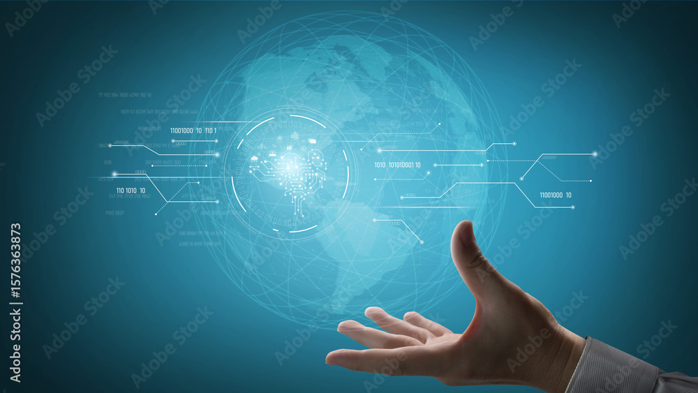 Poster ai artificial intelligence with digital brain and connected data circuit. ai core processes data, ai
