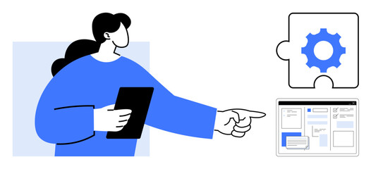 Person holding a tablet, pointing to a gear puzzle and interface. Ideal for teamwork, problem-solving, technology, organization, collaboration, workflow optimization strategic planning. Simple flat