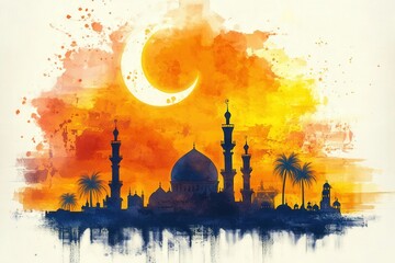 Mosque silhouette with crescent moon at night