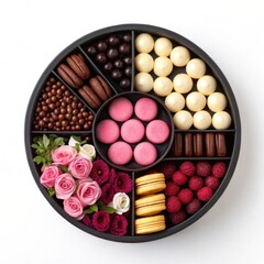 Assorted sweets and flowers in a tray isolated on white background
