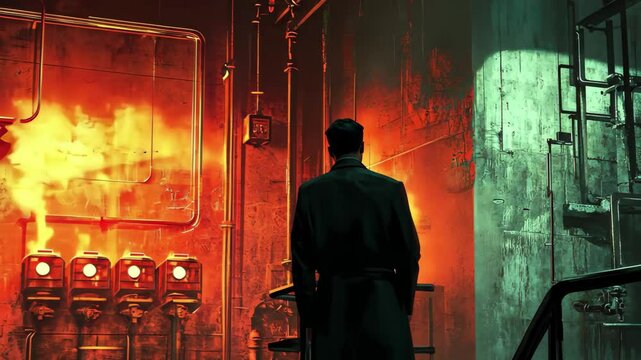 Fuse burns in a dimly lit espionage setting featuring a mysterious figure observing the flames, Fuse Burns Past Spy Espionage Opener