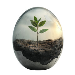 Fragile earth globe with young plant growing from soil isolated on transparent background