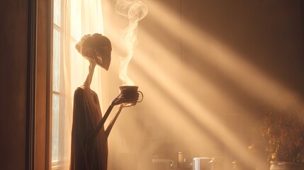 Animated Spectral Figure Enjoying a Steaming Coffee in a Magical Domestic Scene with Mellow Sunlight