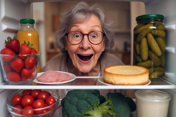 Happy Senior Woman Looking Into Refrigerator Filled with Fresh Food. POV Fridge Interior View with Joyful Expression