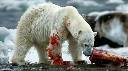 Injured Polar Bear Feasting on a Bloody Carcass in Arctic Winter