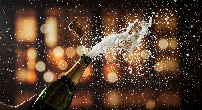 Champagne bottle exploding with celebratory effervescence against a backdrop of warm, festive lights.