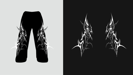 Abstract tribal pant vector design, featuring sharp symmetrical lines in white. Perfect for techwear, alternative fashion, or digital apparel