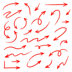 Arrow red hand handwritten sketch vector. Hand drawn pencil marker doodle arrow set brush line, curved direction pen style. Big thick rough artistic stroke for red clipart. Vector illustration
