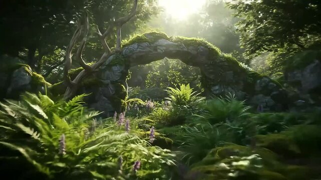 Sunlight filtering through mossy forest archways