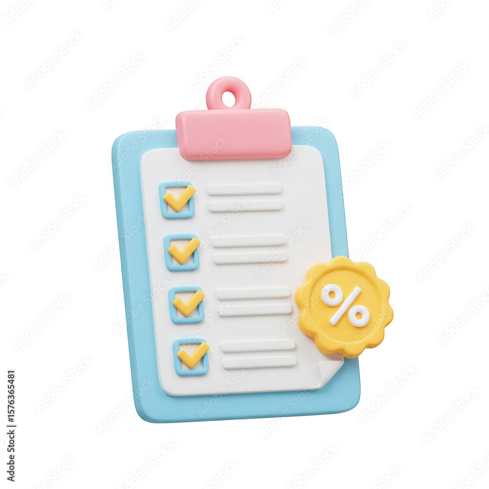 Poster 3d checklist with checkmarks and percentage discount badge isolated on transparent background