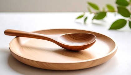 Light wooden plate and spoon on white surface, with leaves